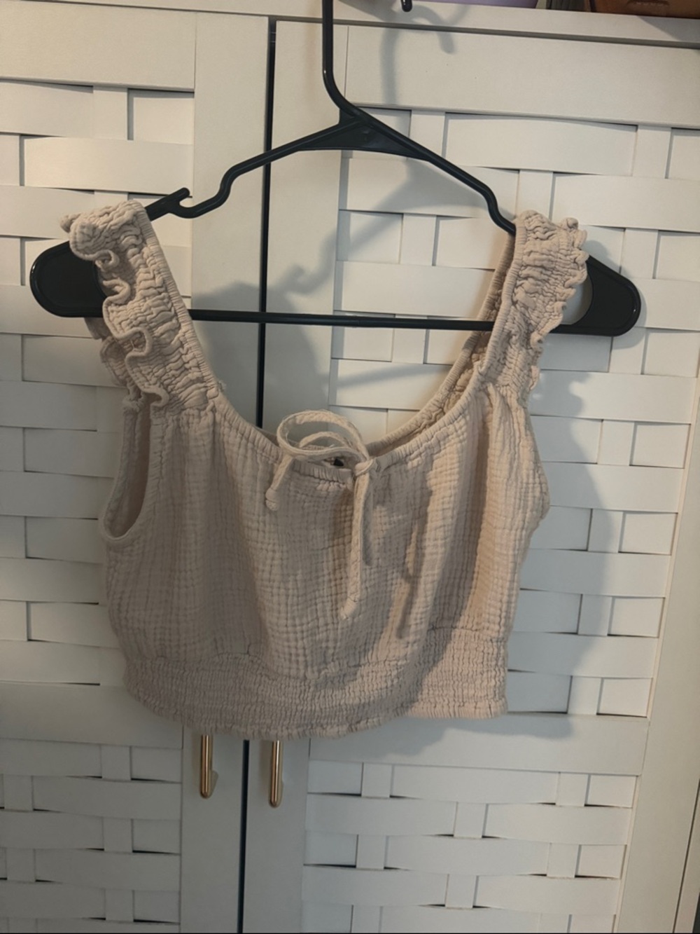 Olivaceous Beige Smocked Ruffle Strap Crop Top